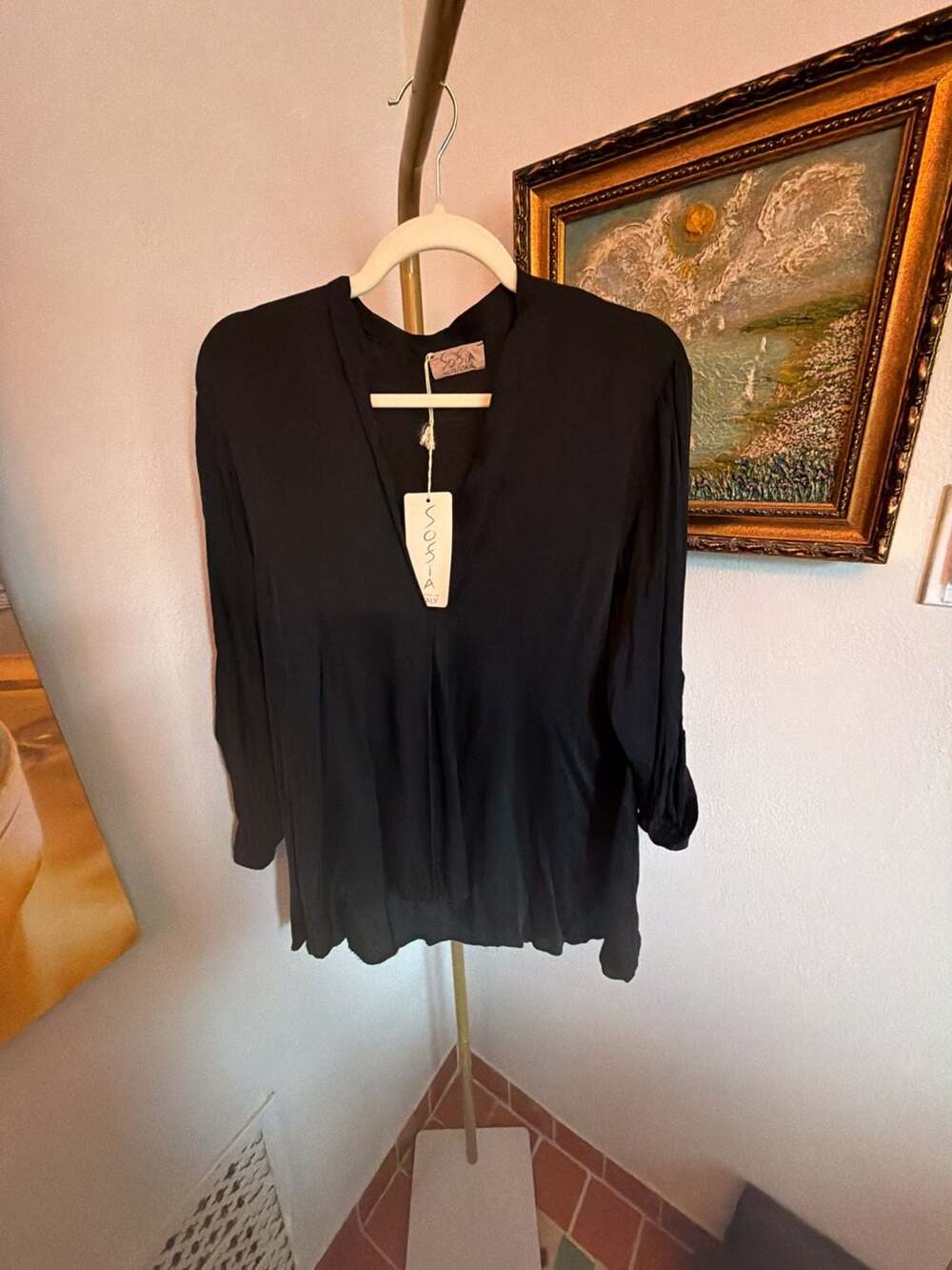Sofia Black V-Neck Long Sleeve Tunic Top Made in Italy